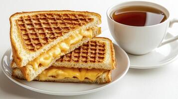 Indulge in a comforting and delicious classic a perfectly grilled cheese sandwich paired with a warm cup of tea This appetizing image captures the essence of a simple yet satisfying meal, showcasing photo