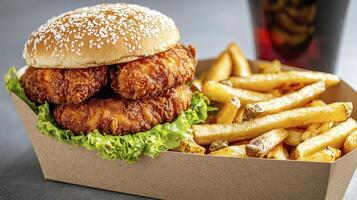 Indulge in Deliciousness A Mouthwatering Chicken Sandwich with Crispy Fries Image Discover the Ultimate Comfort Food Combination with this Tempting Still Life Perfect for Food Blogs, Restaurant photo
