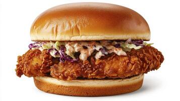 Indulge in Deliciousness A Captivating Close-Up of a Crispy Chicken Sandwich, Showcasing Its Golden-Brown Perfection and Irresistible Appeal Featuring Juicy, Tender Chicken Fillet, Crisp Lettuce, and photo