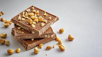 Indulge in Decadent Delight Explore this captivating image featuring a tempting stack of milk chocolate squares, generously adorned with crunchy, roasted peanuts, creating a symphony of textures and photo