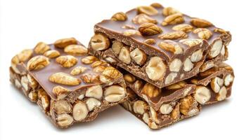Indulge in Decadent Delight A Close-Up of Crunchy Chocolate Peanut Squares, a Sweet Treat Stacked High, Showcasing Irresistible Textures and Rich Flavors Perfect for Dessert Enthusiasts and Candy photo
