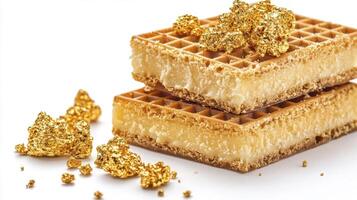 Indulge in Decadence Exquisite Gold-Leaf Waffles, A Luxurious Culinary Delight, Featuring Stacked Golden Waffles Enhanced with Edible Gold Leaf Flakes, Presented on a Pristine White Background photo