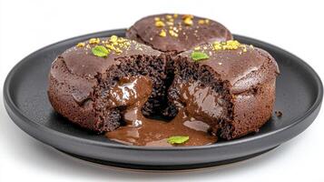Indulge in Decadence A Close-Up of Molten Chocolate Lava Cake Perfection, Capturing its Rich, Gooey Center and Irresistible Texture on a Black Plate Savor the Delight of Warm, Melting Chocolate and photo