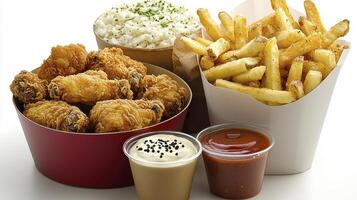 Indulge in Crispy Perfection A Delicious Feast of Fried Chicken, Golden French Fries, Creamy Coleslaw, and Savory Dips A Mouthwatering Culinary Delight That Combines Classic Comfort Food with photo