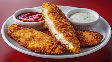 Indulge in Crispy Delight Discover Golden Fried Chicken Tenders, Perfect for a Quick and Delicious Meal These Irresistible Chicken Strips are Breaded to Perfection and Served with Ketchup and Ranch photo