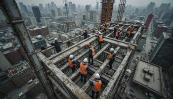 High-Rise Construction A Bird's Eye View of Steel Framework Assembly, Featuring Construction Workers Assembling the Structure of a Modern Skyscraper in an Urban Environment Steel Beams Are Visible in photo