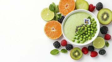 Healthy Green Smoothie Bowl with Fresh Fruits and Vegetables A Vibrant and Nutritious Recipe for a Delicious and Energizing Breakfast or Snack Enjoy this Colorful and Refreshing Blend of Natural photo