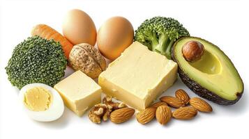 Healthy Fats and Nutrient-Rich Foods for a Balanced Diet A Colorful Array of Avocado, Eggs, Nuts, and Vegetables to Support Weight Management, Energy Levels, and Overall Well-Being Focus on photo
