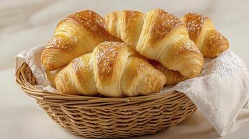 Golden, flaky croissants piled high in a rustic wicker basket, perfect for a delightful breakfast or brunch Enjoy the buttery aroma and the delicate layers of this classic French pastry, a true photo