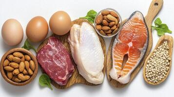 Healthy Eating Delights A Vibrant Composition of Protein-Packed Foods for Optimal Wellness and Nutrition, Showcasing Fresh Meat Cuts, Shiny Eggs, Exquisite Fish Fillets, and a Diverse Array of photo