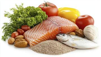 Healthy Eating A Vibrant Display of Fresh, Natural Foods for Optimal Wellness, featuring Salmon, Tomatoes, Herbs, and more Explore the Benefits of a Balanced Diet Rich in Essential Nutrients photo