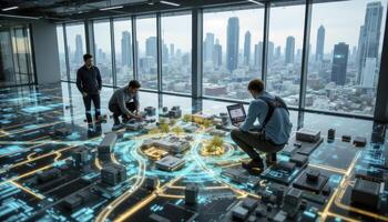 Futuristic Urban Planning Visualization A Collaborative Team Designs the City of Tomorrow Using Holographic Technology and Advanced Architectural Models, Creating a Seamless Blend of Digital photo
