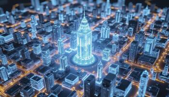 Futuristic Cityscape with Glowing Buildings A High-Tech Urban Landscape Depicting Advanced Technology, Modern Architecture, and a Vision of the Future Explore the Details of Smart City Design photo