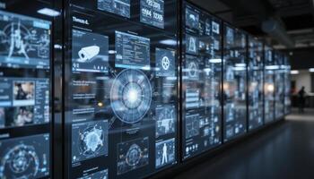 Futuristic Data Center Visualization Exploring Information Architecture and Advanced Monitoring Systems for Enhanced Security and Performance, Displaying Complex Data Streams with Real-Time Analytics photo