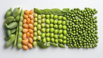 Fresh Vegetables A Vibrant Array of Green Edamame Pods, Sweet Carrots, and Juicy Peas Arranged in a Gradient, Showcasing Nature's Bounty This Colorful Still Life Captures the Essence of Healthy photo