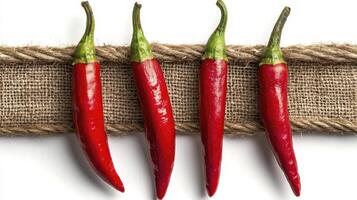 Four vibrant red chili peppers aligned horizontally, a spicy and flavorful culinary delight, showcased against a rustic burlap rope backdrop, emphasizing natural textures and earthy tones, ideal for photo