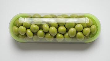 Exploring the Concept of Nutritional Supplements A Close-Up View of a Capsule Filled with Green Pellets, Symbolizing Healthy Eating Habits, Dietary Intake, Vitamin Absorption, and the Growing Trend photo