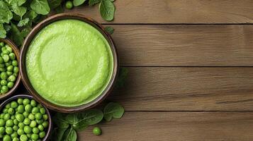 Explore vibrant green goodness with this captivating image of pea soup and fresh peas, showcasing the beauty of healthy eating and culinary delights Delve into the world of nutritious cuisine as you photo