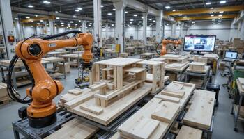 Explore the world of automated manufacturing with this captivating image showcasing a robotic arm meticulously assembling wooden components in a modern factory Witness the precision and efficiency of photo