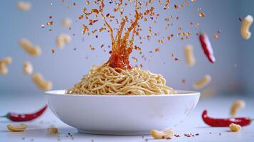 Explore the vibrant fusion of flavors in this dynamic image showcasing delicious noodles, enhanced by a spicy chili sauce splash and scattered red chili peppers, perfect for culinary enthusiasts photo