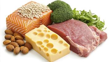 Explore the power of protein-rich foods with this vibrant image showcasing salmon, beef, cheese, broccoli, and almonds, a balanced diet for a healthy lifestyle Discover essential nutrients and fuel photo