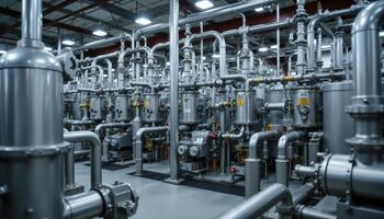 Explore the intricate world of industrial processing with this captivating image showcasing complex pipework and machinery in a state-of-the-art facility Discover the beauty and efficiency of modern photo
