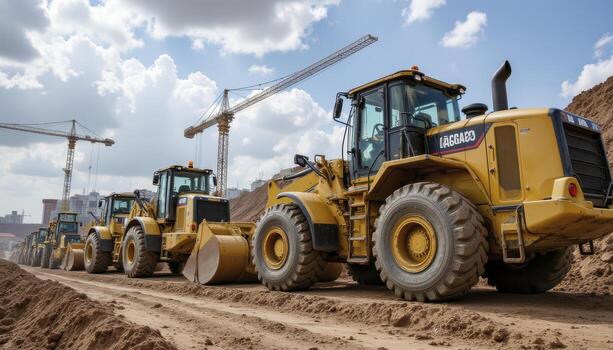 Explore the power of heavy machinery at a construction site with these impressive front-end loaders digging and moving earth beneath a bright, sunny sky filled with fluffy white clouds, showcasing photo