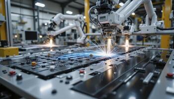 Explore the future of manufacturing with this captivating image showcasing advanced robotic arms meticulously performing automated welding on a complex circuit board in a high-tech industrial setting photo