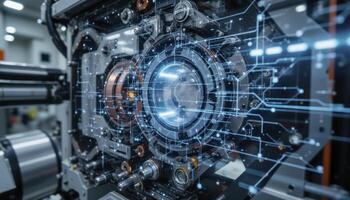 Explore the intricate details of advanced technology, showcasing a complex machine with glowing blue accents and visible circuitry Perfect for illustrating innovation, future concepts, and the power photo