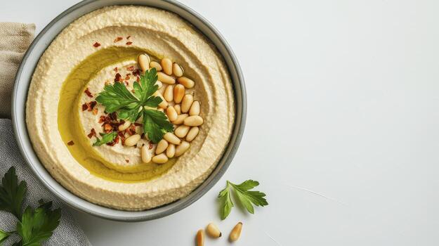 Explore the delightful world of creamy hummus with this captivating image, showcasing its smooth texture, enticing aroma, and irresistible taste learn about the nutritional benefits of chickpeas photo