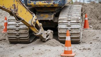 Explore the captivating world of construction and heavy equipment with this stunning image showcasing a powerful excavator at work Witness the intricate details of its tracks, the precision of its photo