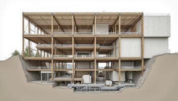 Explore the captivating cross-section of a modern building, showcasing its innovative wood frame structure and architectural design This stunning image unveils the intricate details of the building's photo