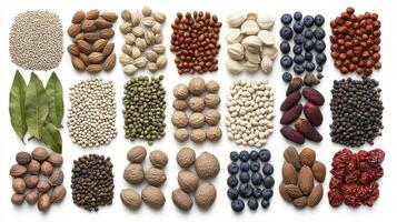 Explore the Vibrant World of Nutritious Foods A Colorful Collage Featuring a Diverse Array of Seeds, Nuts, Berries, and More, Perfect for Healthy Snacking, Baking, or Adding a Boost of Natural photo