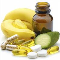 Explore the Nutritional Synergy A Vibrant Still Life Featuring Fresh Bananas, Zucchini, and Assorted Capsules and Pills Promoting Holistic Wellness and a Balanced Diet, Offering a Glimpse Into the photo