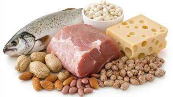 Explore a vibrant collection of protein-rich foods featuring fish, meat, cheese, nuts, and beans, captured in stunning high resolution Discover a balanced assortment of nutritious ingredients perfect photo