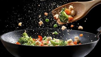 Dynamic Stir-Fry Action Shot Capturing the Culinary Art of Delicious and Healthy Food Preparation, where Vibrant Ingredients Meet High-Speed Cooking Witness the Dance of Fresh Vegetables, Tender photo