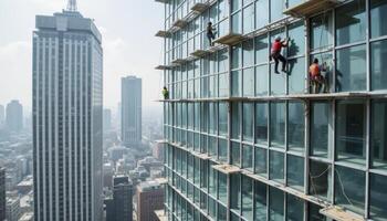 Dramatic Cityscape View High-Rise Building Under Construction with Window Washers and a Modern Architecture Design, Depicting Urban Development and the Construction Industry Featuring Skyscrapers photo