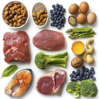 Discover vibrant and nutritious delights Explore this captivating image showcasing an assortment of healthy food choices From juicy steak, salmon and fresh blueberries to crunchy almonds and photo