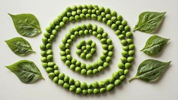 Discover the vibrant beauty of nature's artistry with this captivating image showcasing a delightful spiral arrangement of fresh green peas, meticulously crafted to create a visually stunning photo