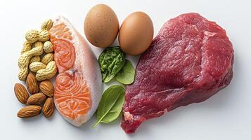 Discover the power of protein-rich foods for a healthy lifestyle Explore a vibrant assortment of sources, including lean meats, nutritious eggs, fatty fish, wholesome nuts, and leafy greens Elevate photo