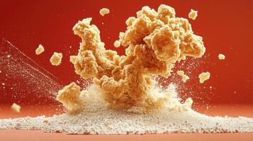 Dynamic Food Photography Capturing the Essence of a Crumbling Fried Chicken Nugget with Flour Explosion, Showcasing Culinary Artistry and a Focus on High-Speed Imaging Techniques for Stunning Still photo
