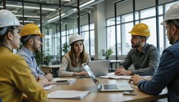 Dynamic Teamwork Collaborative Construction Crew Meeting in Modern Office Diverse group of engineers and architects wearing hard hats, discussing plans and strategies at a conference table Utilizing photo