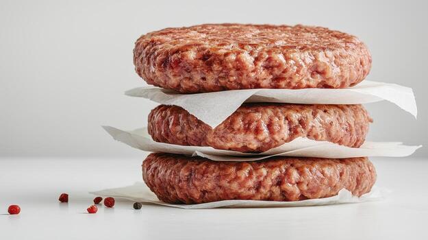 Discover the art of crafting perfect burgers with this captivating image showcasing three succulent, raw burger patties stacked elegantly with parchment paper Learn about quality beef, grilling photo
