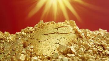 Discover the allure of shimmering gold nuggets under a radiant sun, an exquisite close-up shot capturing the raw beauty and preciousness of Earth's treasures, symbolizing wealth, prosperity, and the photo