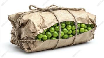 Discover the Freshness A Vibrant Close-Up of Green Peas in Rustic Wrapping Paper, Showcasing Natural Food Photography and Sustainable Packaging Perfect for Organic Produce Concepts, Healthy Eating photo