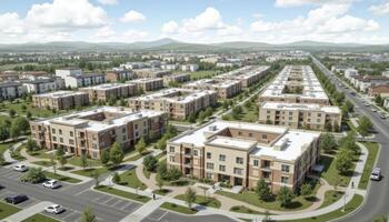 Discover luxurious community living with this aerial view showcasing beautifully designed apartment complexes nestled in a vibrant urban landscape, perfect for modern lifestyles, featuring photo