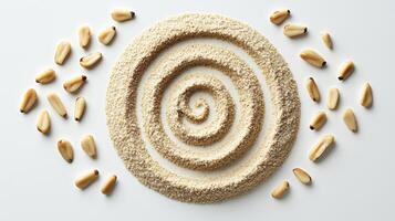 Detailed Top-Down Studio Shot of Tahini Paste Swirl and Scattered Sesame Seeds on a White Surface, Emphasizing Smooth Texture, Creamy Color, and Circular Composition, Ideal for Culinary Bloggers photo