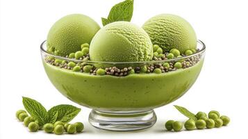 Delightful Green Ice Cream Dessert in a Glass Bowl A Refreshing Treat Featuring Mint Leaves, Perfect for Summer Indulgence and Healthy Eating, Showcasing its Unique Green Color and Creamy Texture photo