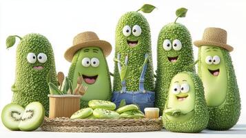 Delightful Cartoon Cucumber Family Gathering A Charming Still Life Illustration Showcasing Happy, Green Cucumber Characters in Various Poses, Perfect for Children's Books, Educational Materials, and photo