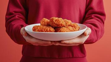 Delight in the golden perfection of crispy chicken nuggets presented on a pristine white plate, held gently by hands adorned in a vibrant red sweater, all against a matching red backdrop creating a photo